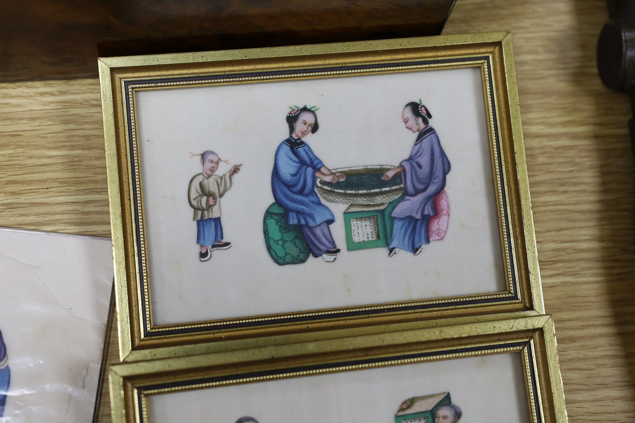 19th century Chinese School, four gouaches on pith paper, Studies of tea pickers, 9.5 x 14cm